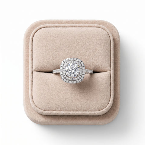 Round double halo lab diamond ring featuring a 1.5 Ct center stone, prong setting, and an elegant, sparkling design.
