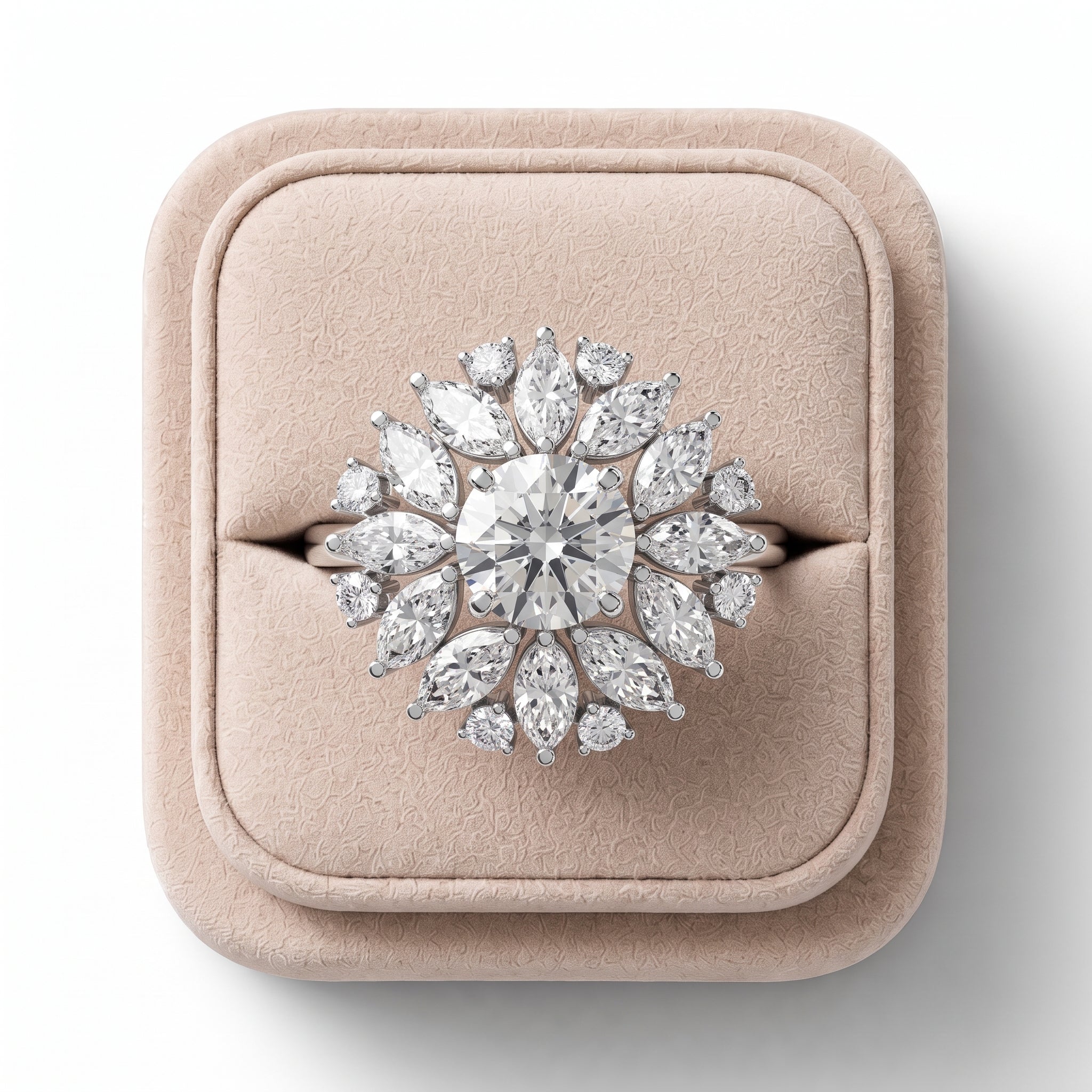 Round lab diamond engagement ring with a floral cluster design, featuring marquise and round diamonds in a polished setting.