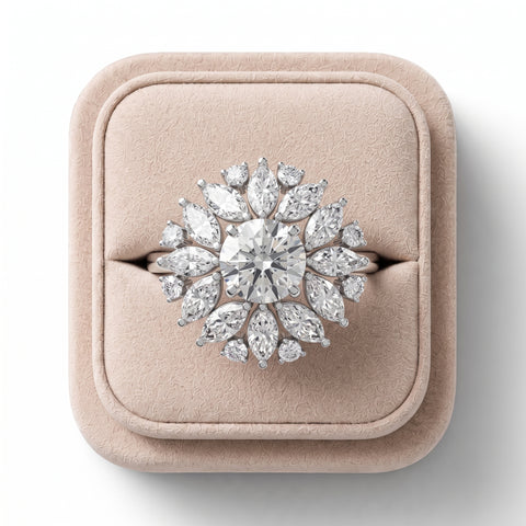 Round lab diamond engagement ring with a floral cluster design, featuring marquise and round diamonds in a polished setting.