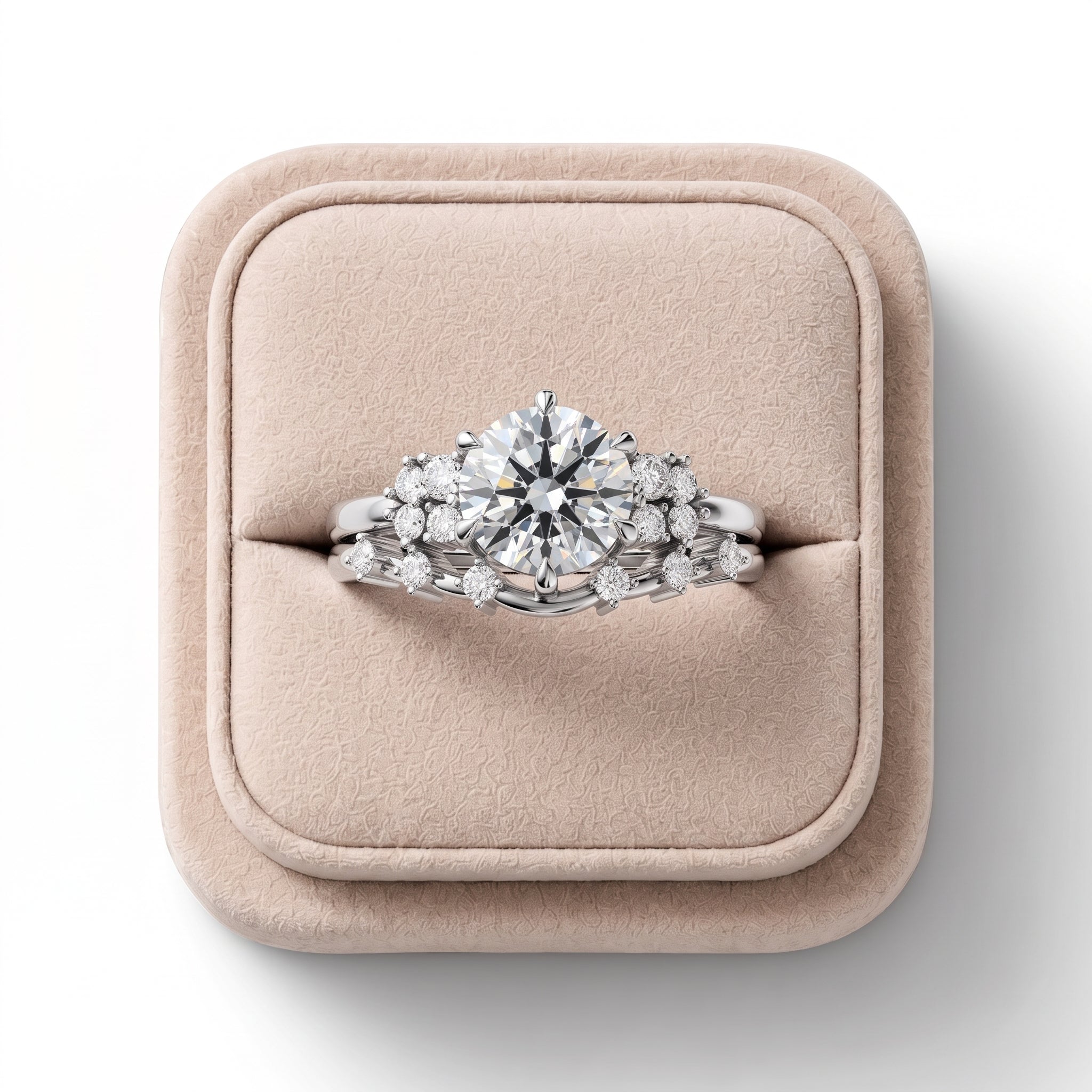 1.18 ct round solitaire ring featuring a halo of diamonds, elegantly displayed on a plush ring box.
