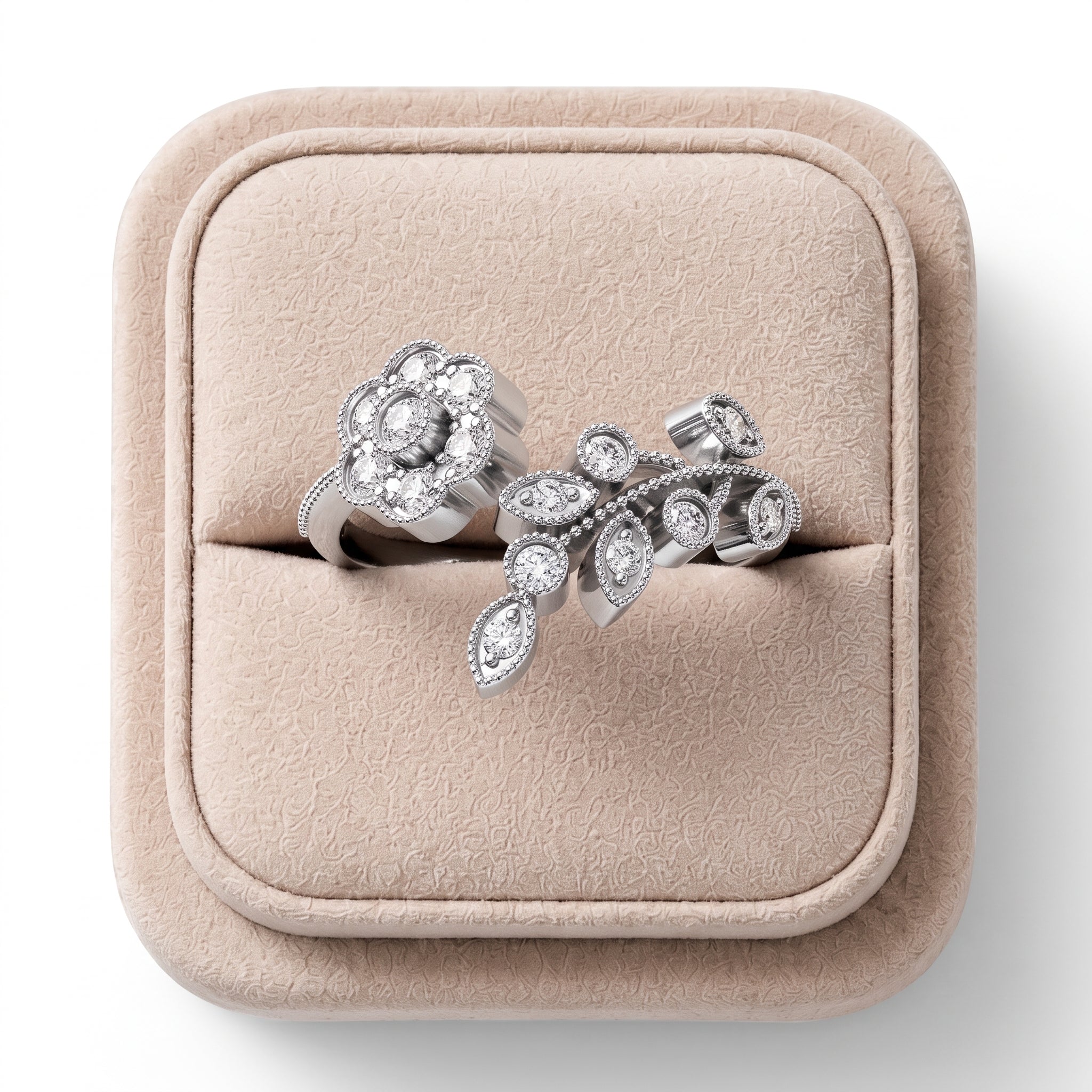 Floral open lab diamond ring featuring a round floral cluster and a pear-shaped branch motif in shimmering 18K gold.