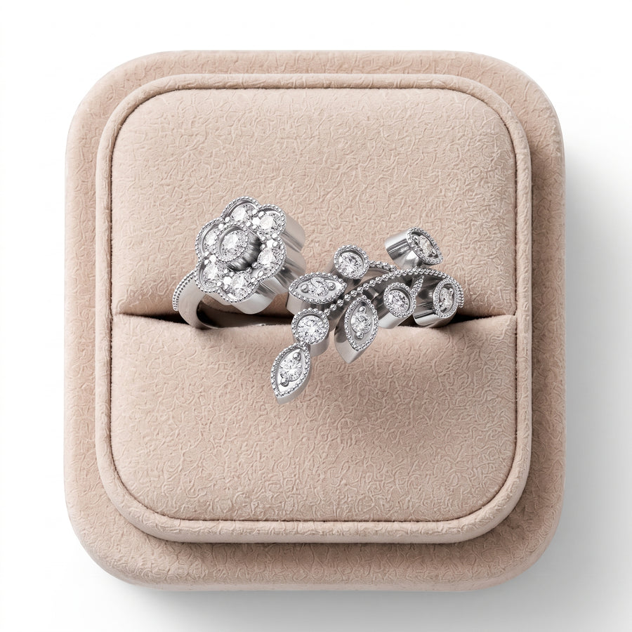 Floral open lab diamond ring featuring a round floral cluster and a pear-shaped branch motif in shimmering 18K gold.