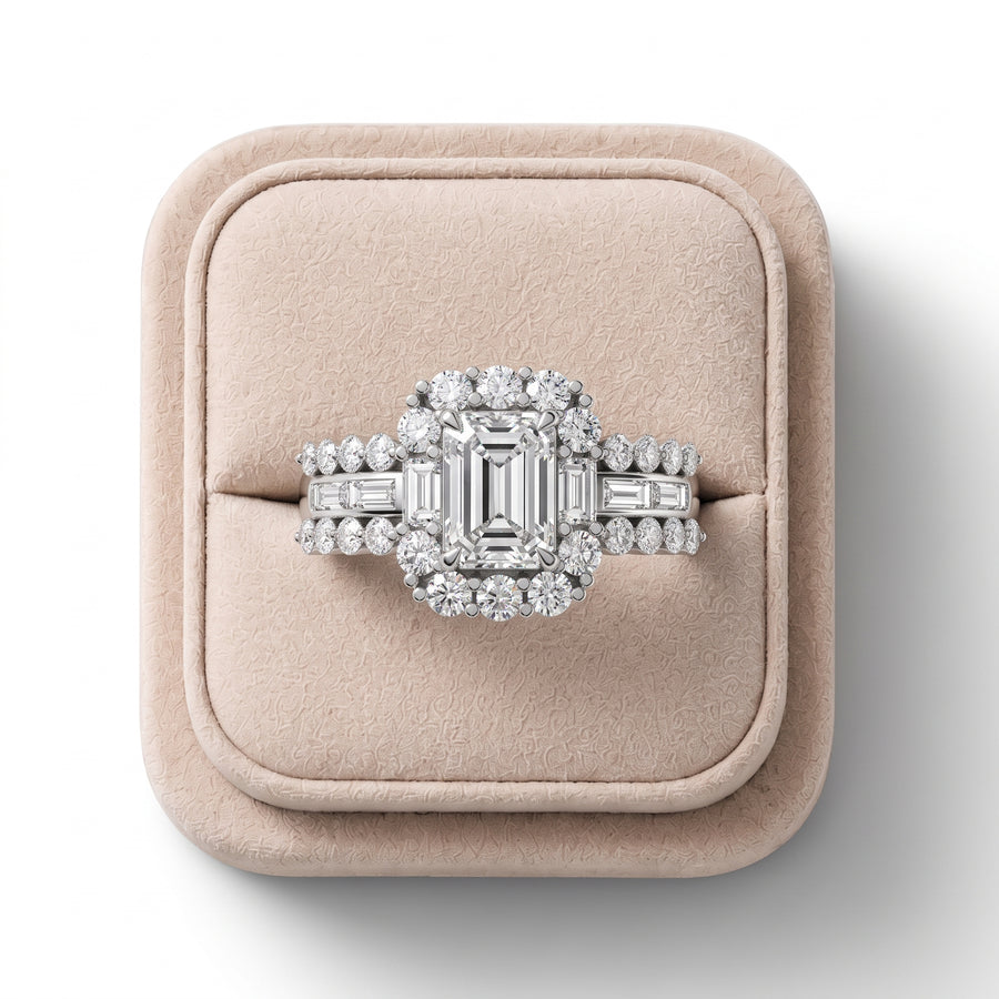 1.81 CT emerald cut halo lab-grown diamond ring, featuring a central emerald-cut diamond surrounded by round and baguette accents.