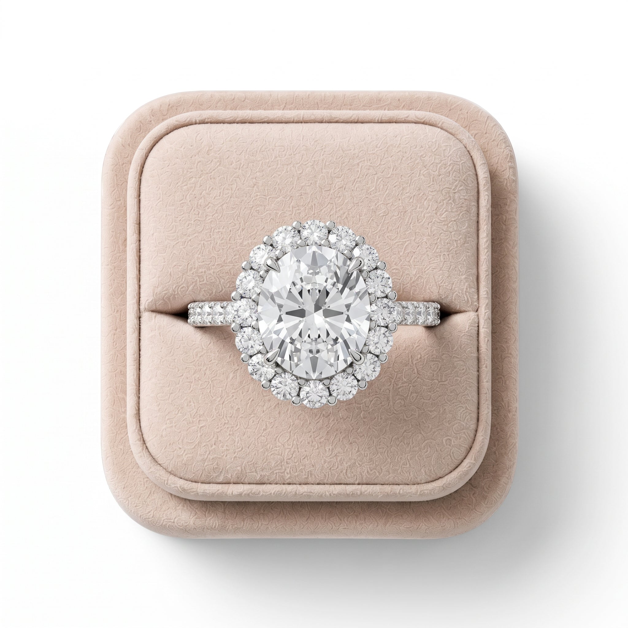 3.28 CT oval halo lab-grown diamond ring with a pavé band, featuring an elevated prong setting and round diamonds in a halo arrangement.