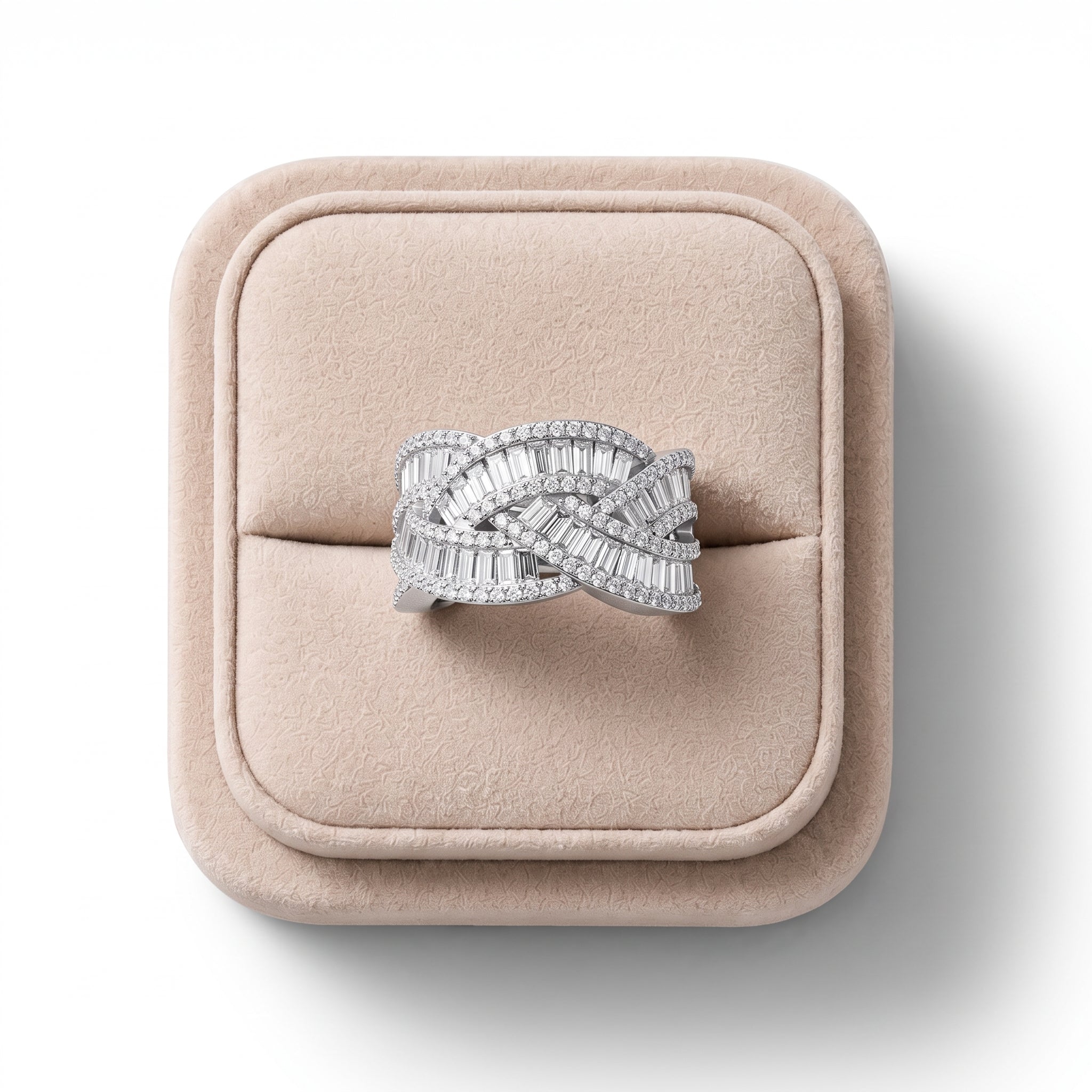 Woven multi-row ring featuring round and baguette lab-grown diamonds arranged for a textured, geometric design.