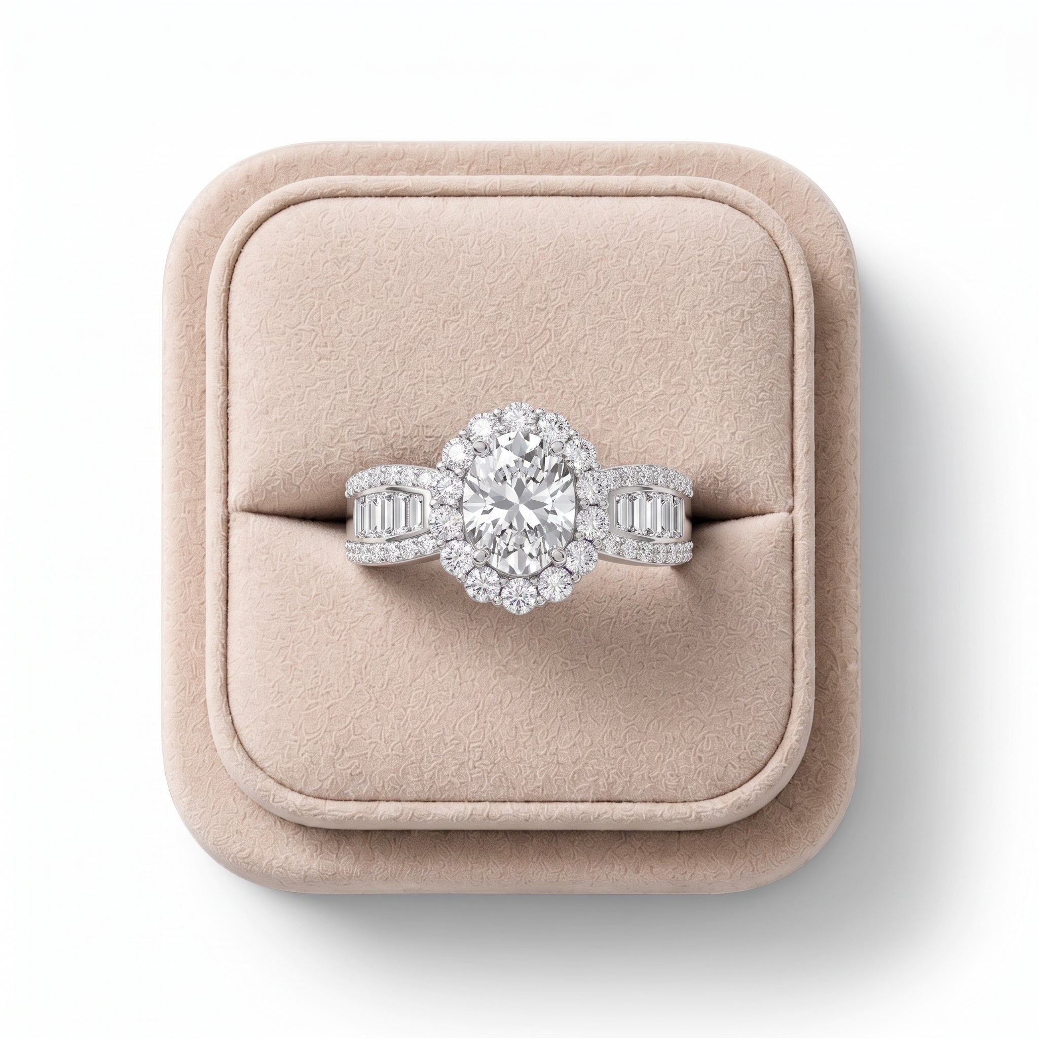 1.66 Ct oval halo accent lab diamond ring featuring a 1 CT center stone with round and baguette diamond accents, set in gold.