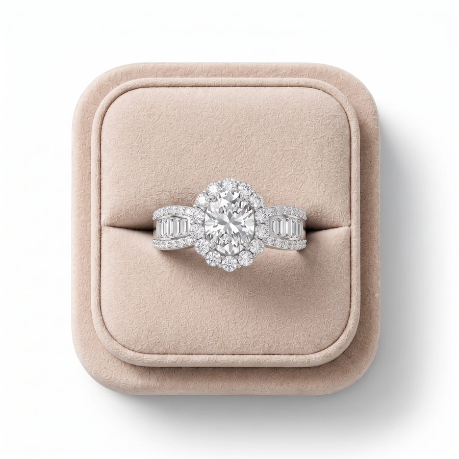 1.66 Ct oval halo accent lab diamond ring featuring a 1 CT center stone with round and baguette diamond accents, set in gold.