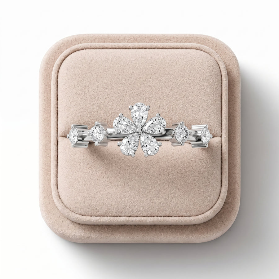 0.41 CT Floral Diamond Ring with Pear Shape Lab Diamonds