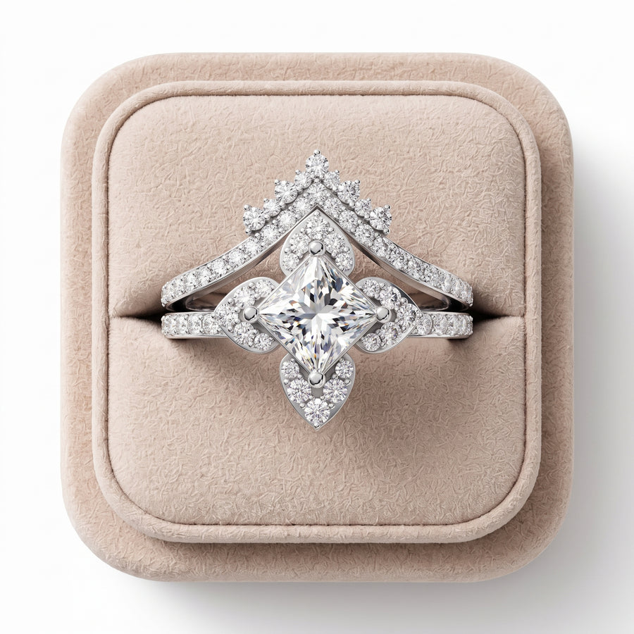 1.28 Ct Princess Halo Bridal Ring Set