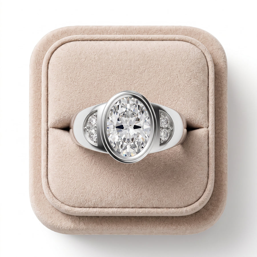 1.60 Ct Oval Bezel Diamond Ring with Side Diamond