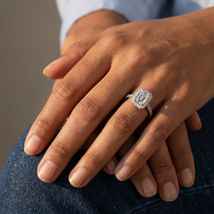 2.34 CT Emerald Cut Halo Lab-Grown Diamond Ring with Pavé Band