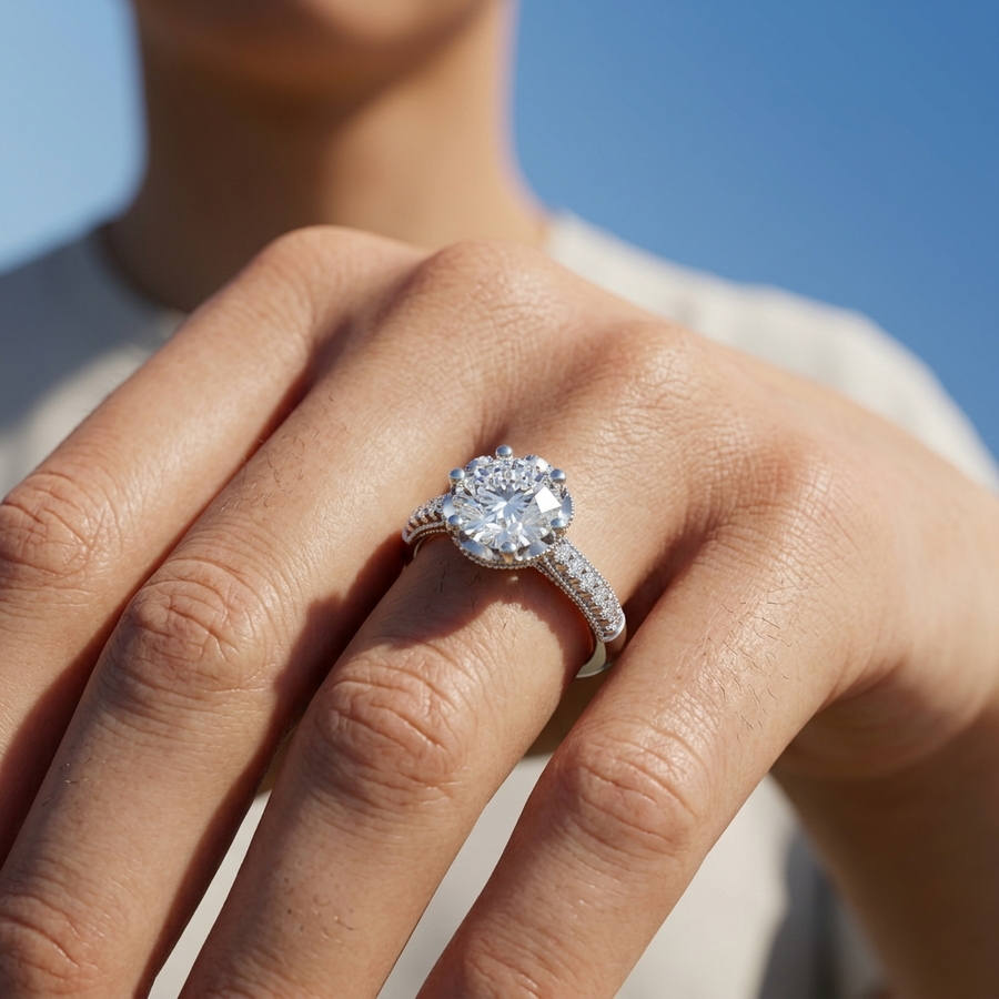 1.41 Ct Round Hidden Halo With Side Stone Ring 1.00 Ct Center