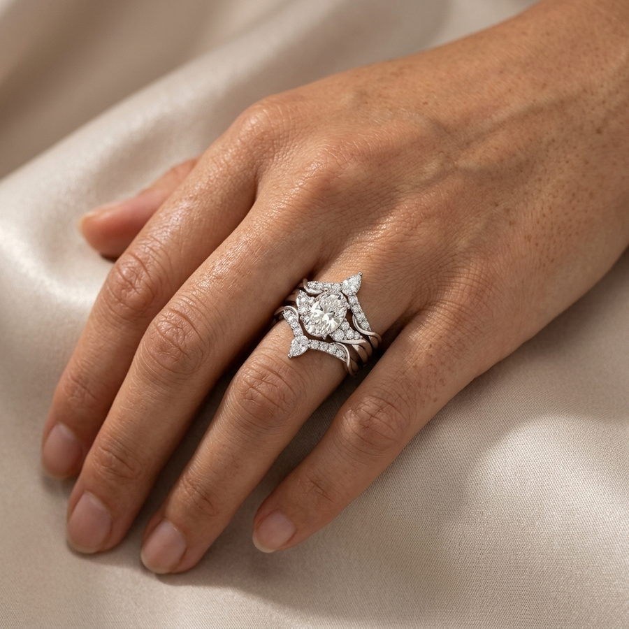 2.15 Ct Oval Halo Chevron Ring Set 1.5 Ct Center