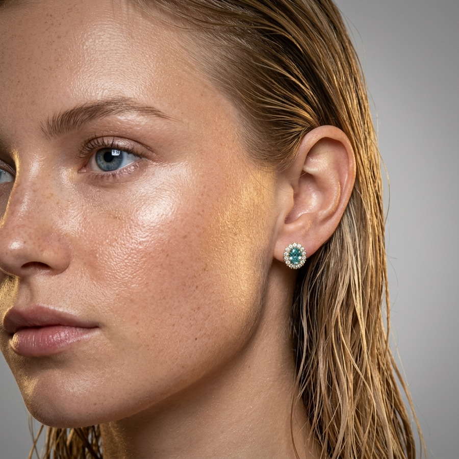 1.29 Ct Oval Turquoise Halo Stud Earrings