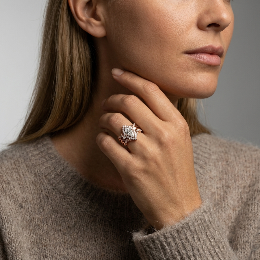 1.37 Ct Marquise Halo With Side Stone Band 1.00 Ct Center