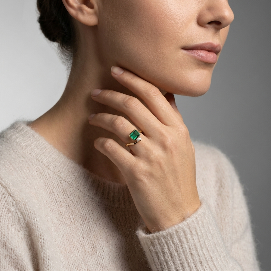 1.09 Ct Emerald Open Bypass Ring with Lab Diamond