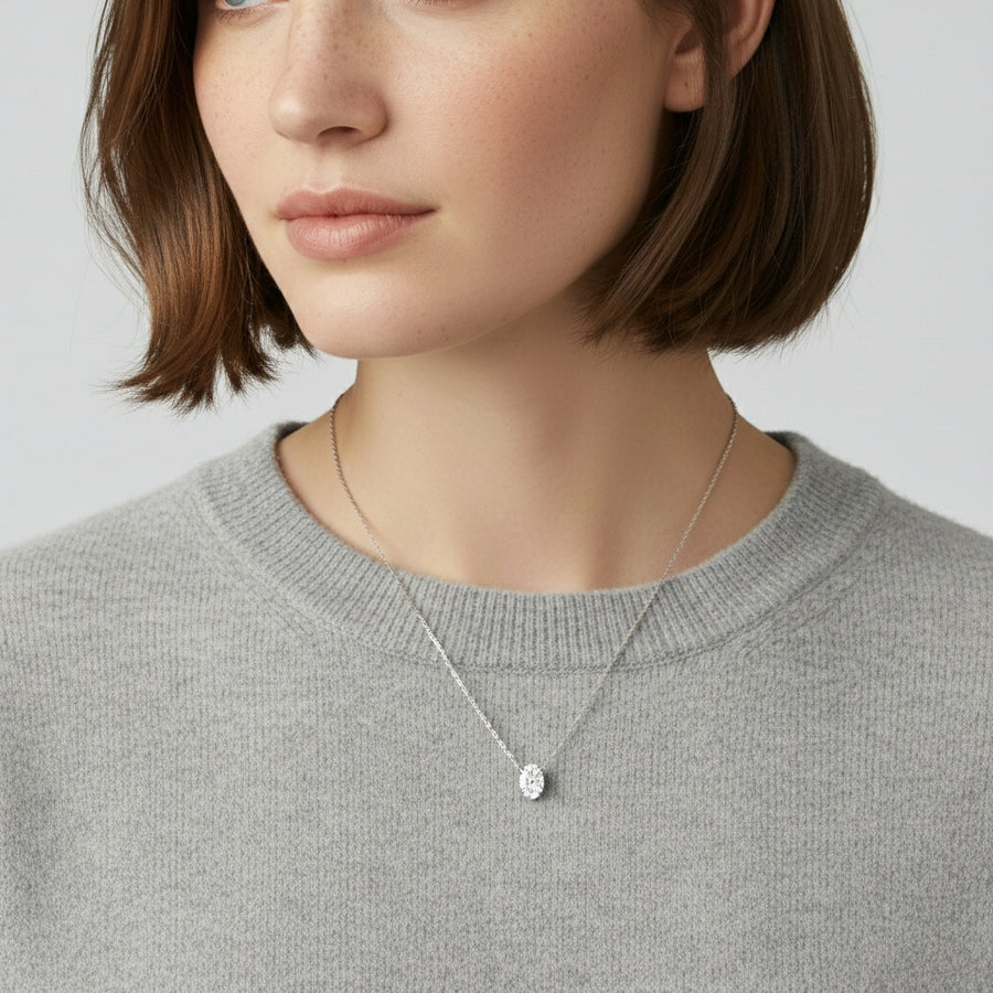1.09 CT oval lab-grown diamond pendant worn