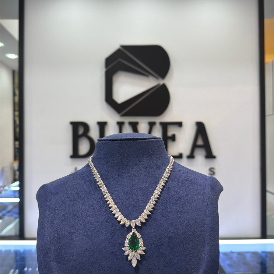 Emerald & Pear Drop Lab Grown Diamond Necklace in white gold