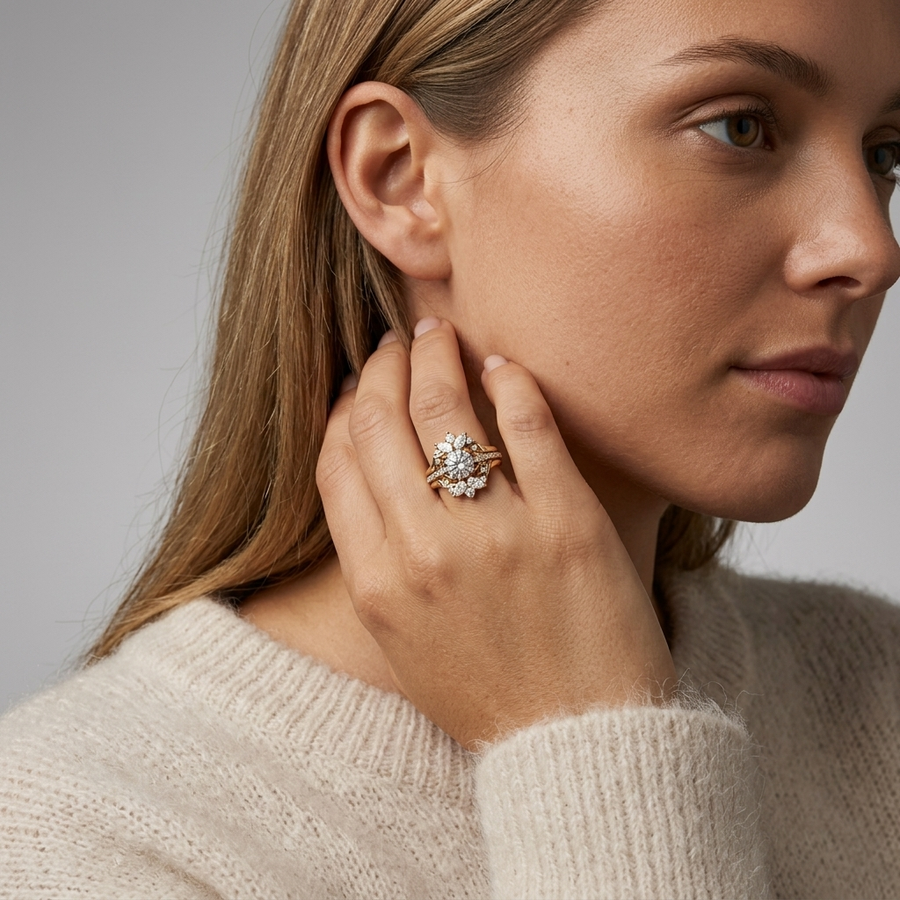 1.65 Ct Round Halo With Side Stone Band Set 1.00 Ct Center