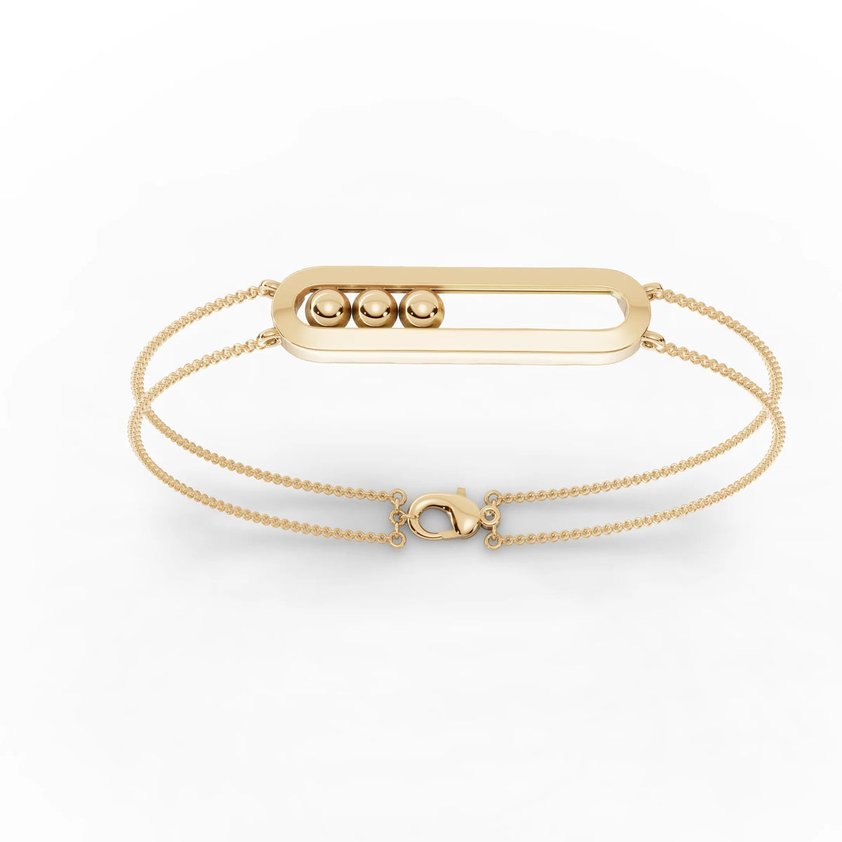 Premium gold bracelet featuring a double-chain design, open oval link, and three polished spheres accentuating a light profile.