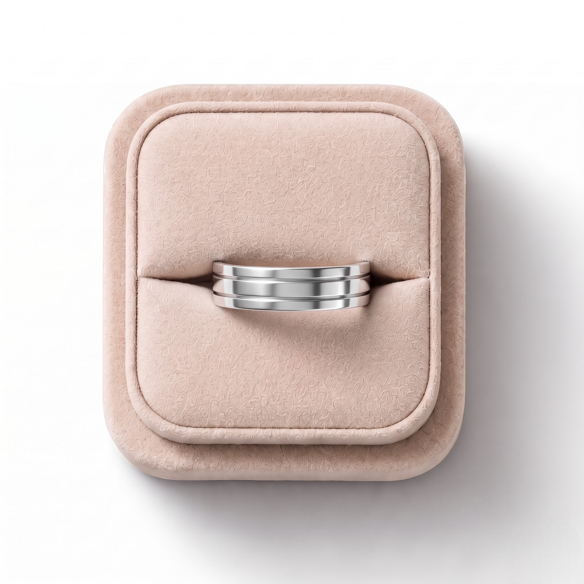 Men's Classic Wide Polished Wedding Band Ring in white gold, on a white background