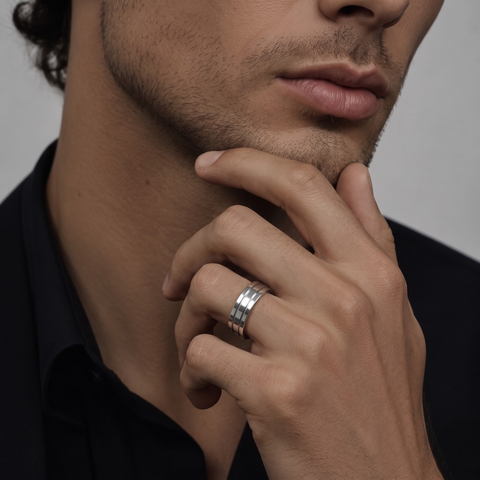 Men's Classic Wide Polished Wedding Band Ring, worn on the hand