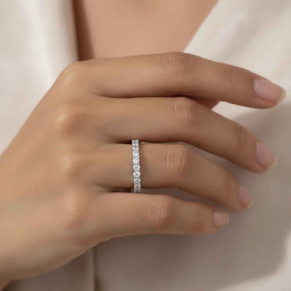 0.72 CT round lab-grown diamond eternity ring worn on hand