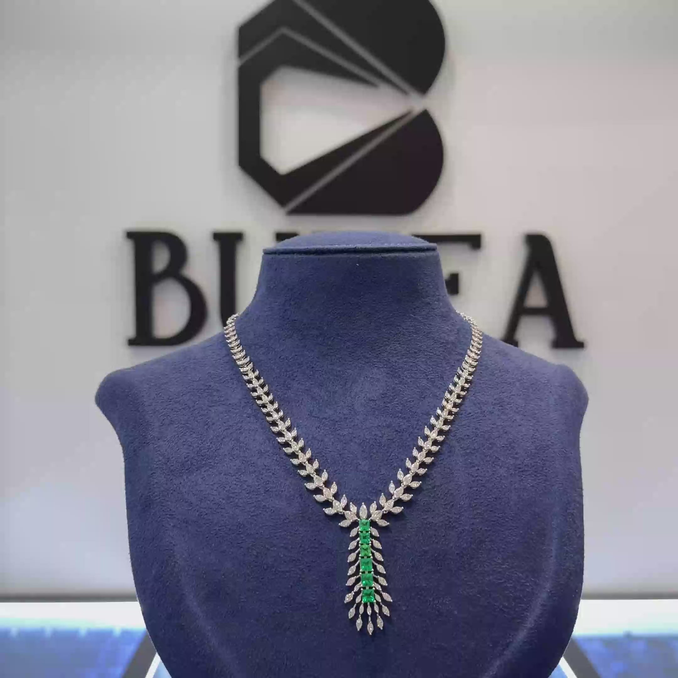 Y-Necklace Featuring Lab-Grown Marquise Diamond Leaf Motifs with Emerald-Green Drop Accent