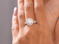Model wearing round double-halo lab-grown diamond ring video