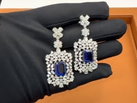 Emerald Blue Center Stone Floral Halo Diamond Drop Earrings