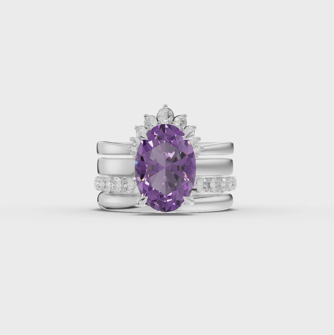 3.91 Ct Oval Amethyst With Side Band Lab Grown Diamond Bridal Set