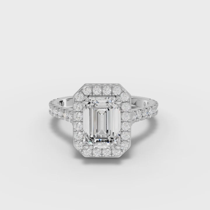 360 rotation of 2.34 CT emerald cut halo lab-grown diamond ring