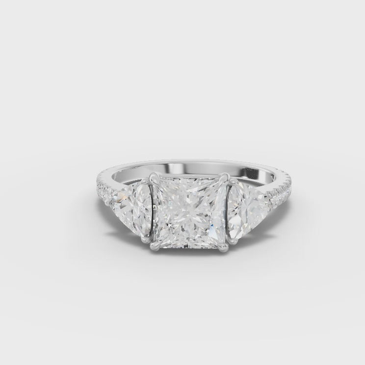 Three-Stone Princess Lab Diamond Ring · Trillion Cut Side Diamonds