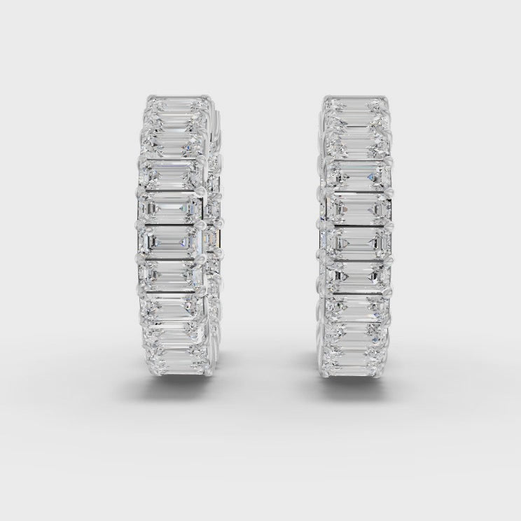 360 rotation of 3.88 CT emerald cut lab-grown diamond hoop earrings