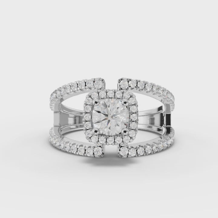 360 rotation of 1.02 CT round square-halo lab-grown diamond ring