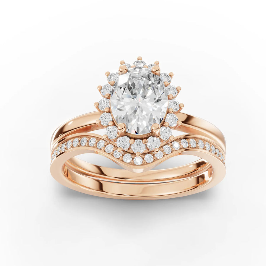 1.03 CT oval lab-grown halo twin ring rose gold top view