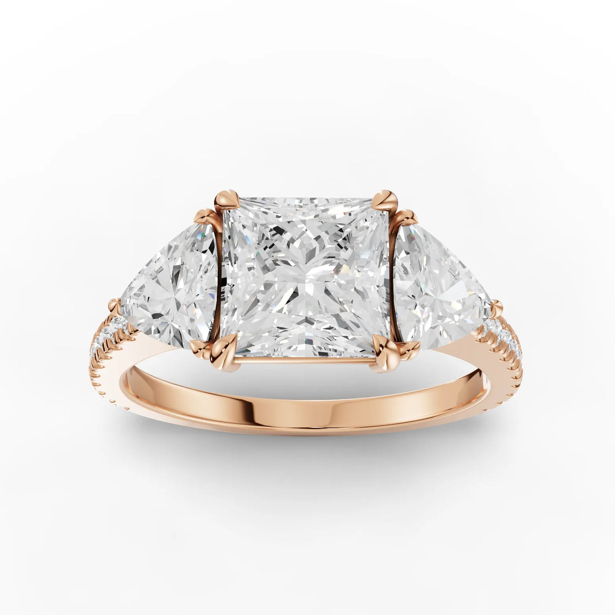 Three-Stone Princess Lab Diamond Ring · Trillion Cut Side Diamonds