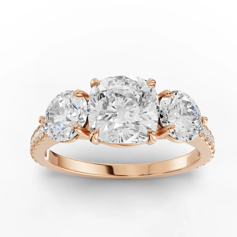 2.72 CT cushion trinity lab-grown diamond ring rose gold top view