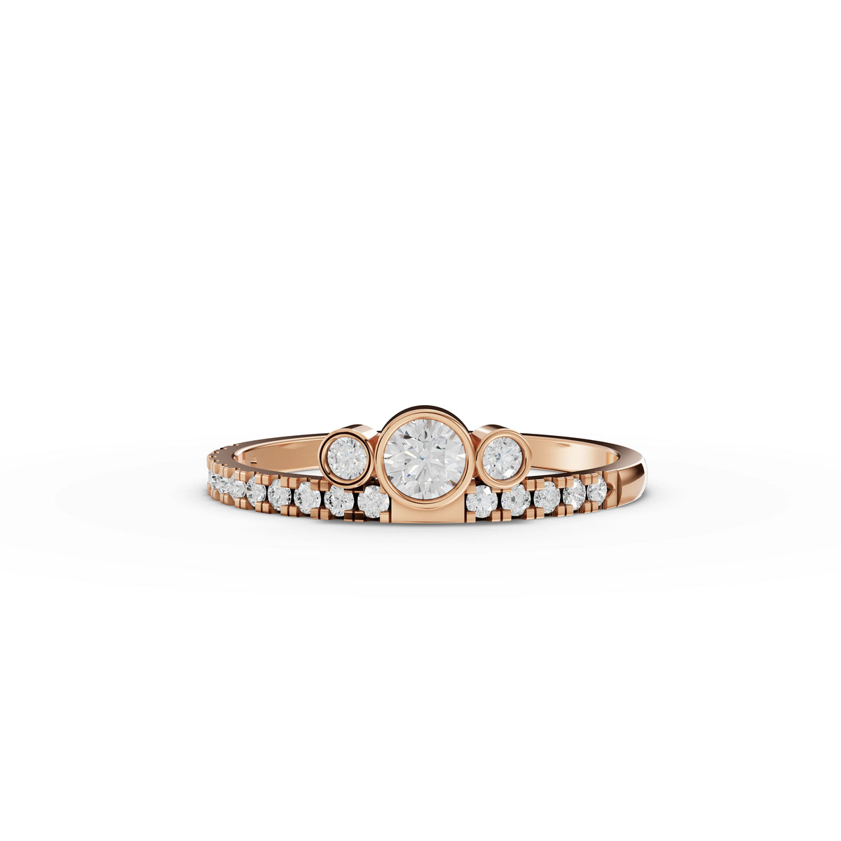 Round Lab-Grown Diamond Bezel Three-Stone Pavé Ring