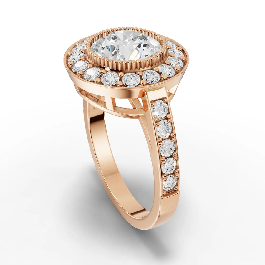 Double halo ring rose gold angle
