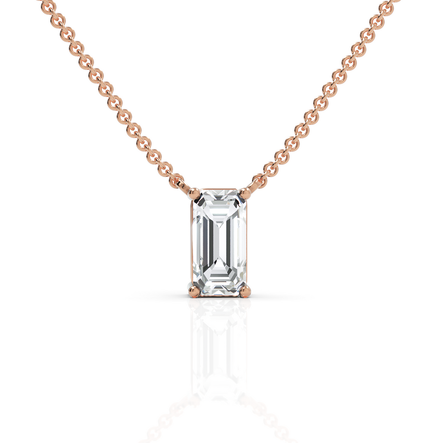 Lab-grown emerald cut diamond pendant rose gold close-up