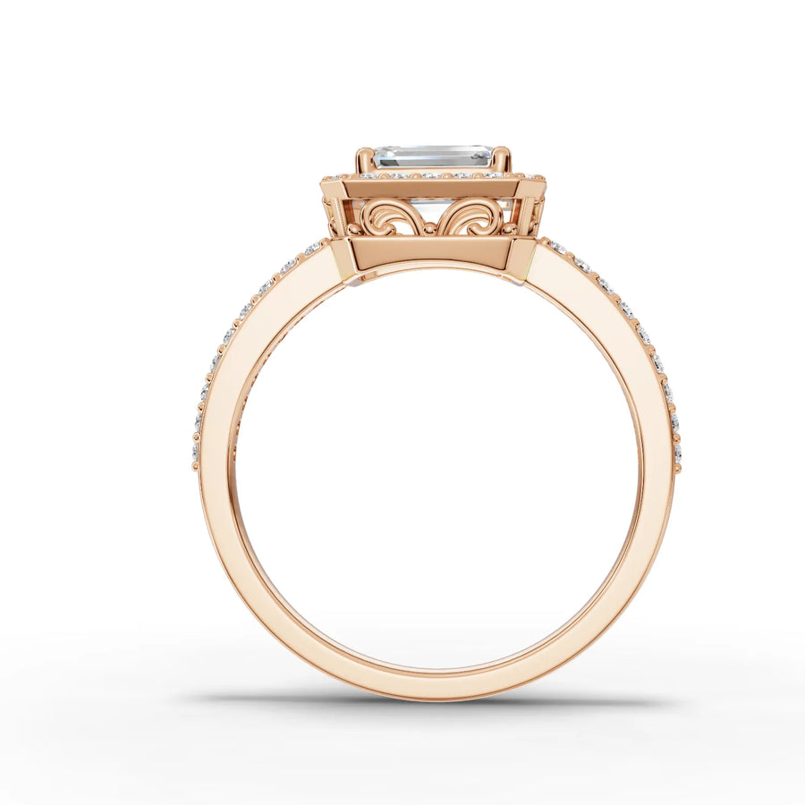 Emerald lab-grown halo ring rose gold close-up