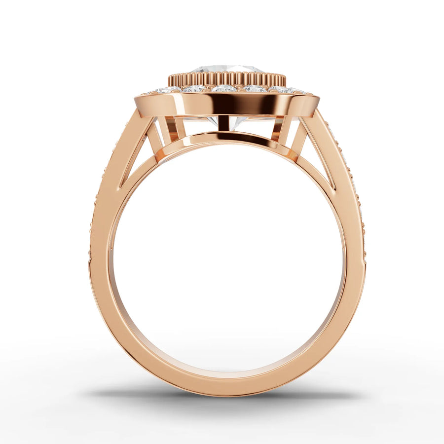 Lab-grown round double halo ring rose gold close-up