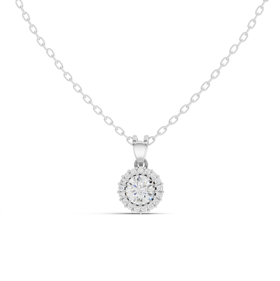 2.37 ct round lab diamond halo pendant necklace with 2.00 ct center stone and sparkling halo setting