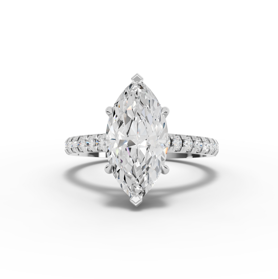 2.37 ct marquise solitaire lab diamond ring with 2.00 ct center, hidden halo and pavé band