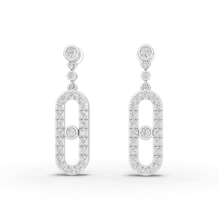 1.09 ct oval link halo lab diamond drop earrings with round halo tops, bezel-set diamond dangles, and screw backs
