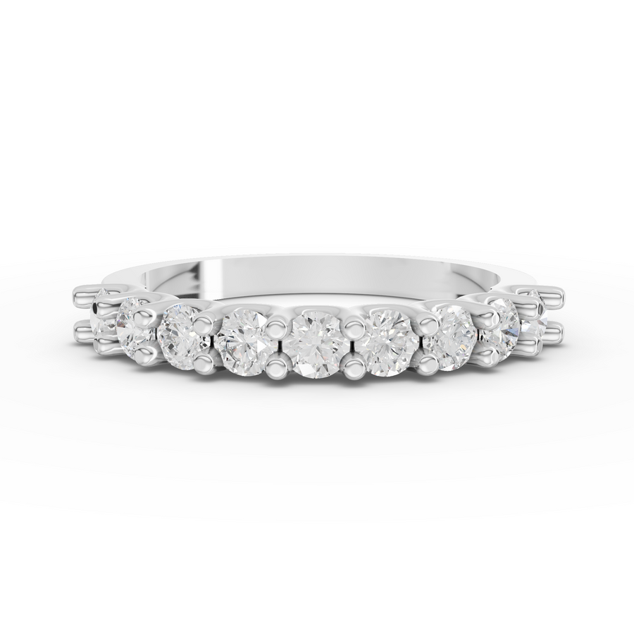 0.70 ct round lab diamond U-prong half eternity ring with sparkling round stones along the top half of the band