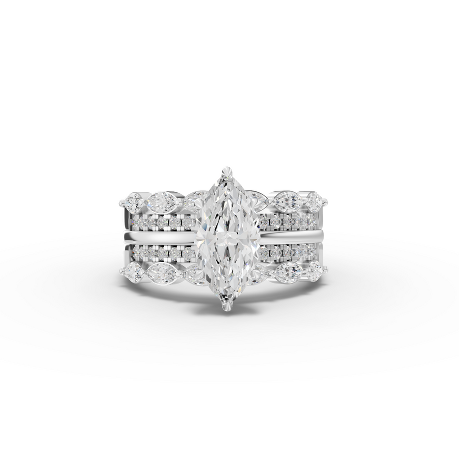 2.39 ct marquise lab diamond split shank ring with 1.50 ct center and double band accent