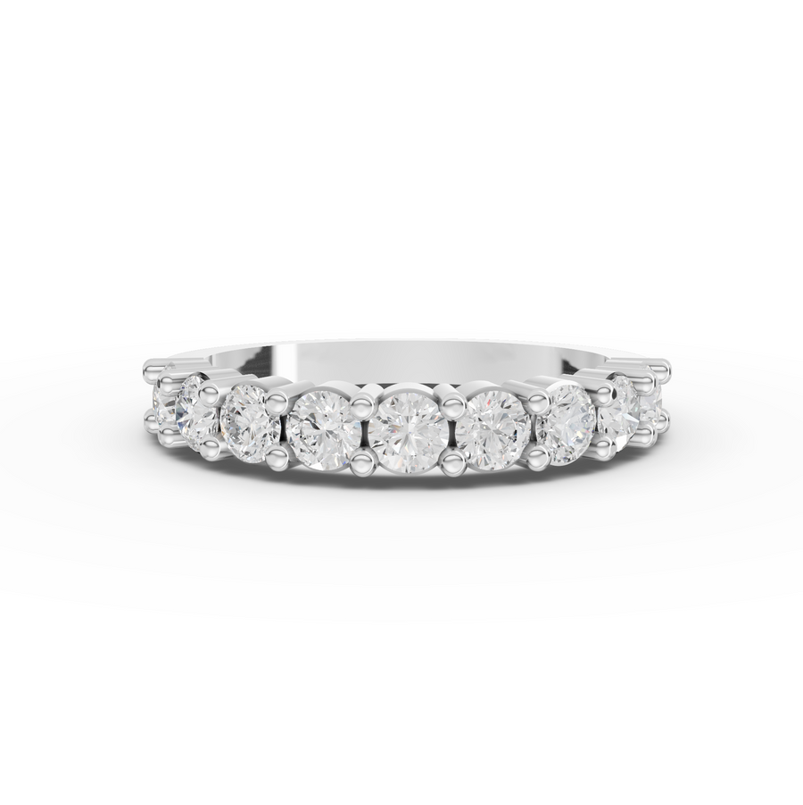 0.91 ct round lab grown diamond half eternity ring with basket setting and sparkling shared band