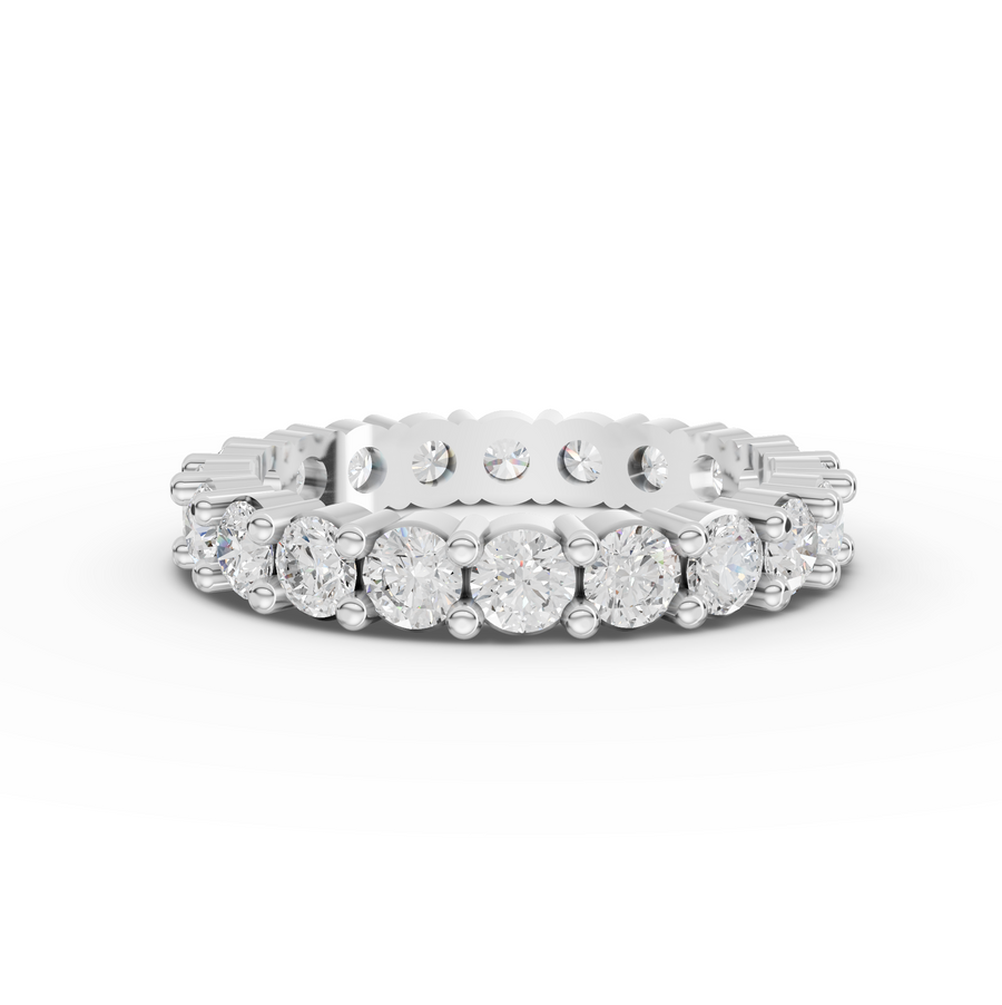 2.02 ct round lab diamond full eternity ring with shared prong basket setting and diamonds around the full band